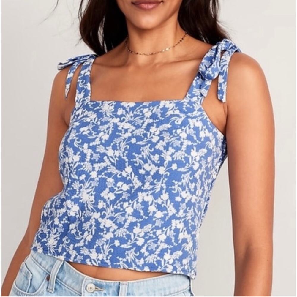 Old Navy Fitted Tie Shoulder Cropped Dobby Corset Cami Top Sz Lrg Blue Floral